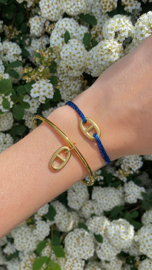 bracelet cordon pailleté grande maille marine