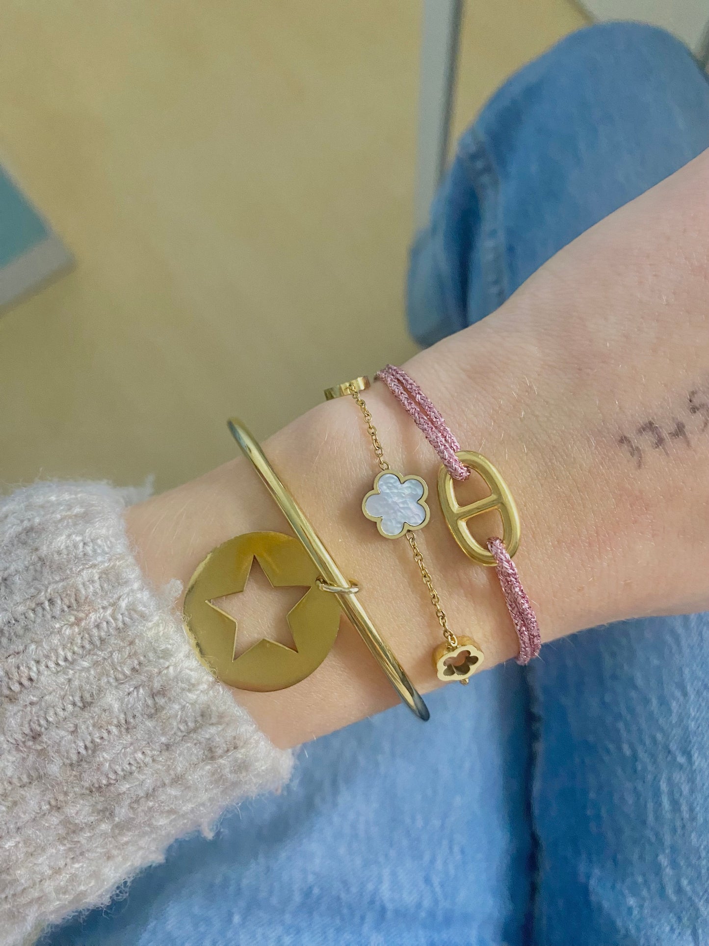 bracelet cordon pailleté grande maille marine